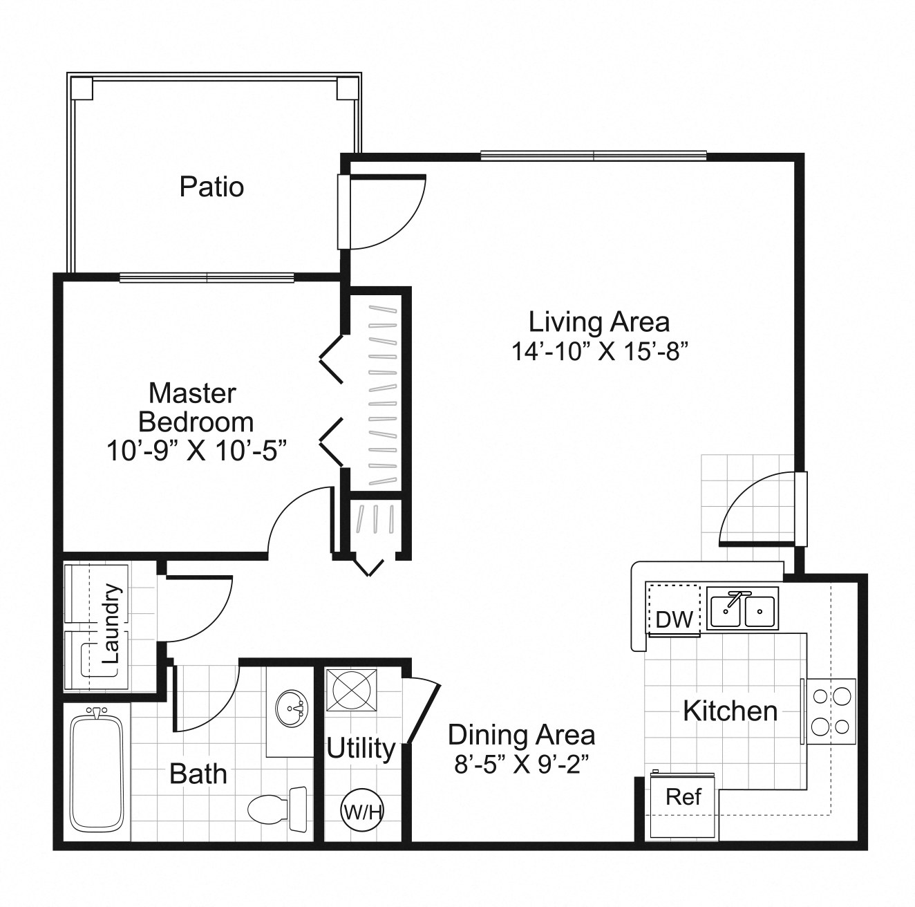 Floor plan for 1 bed, 1 bath, 671 sqft